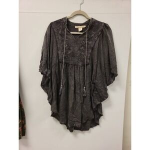 Indigo Thread Co‎ Women XL Top Rayon Peasant Blouse India Embroidered Gray